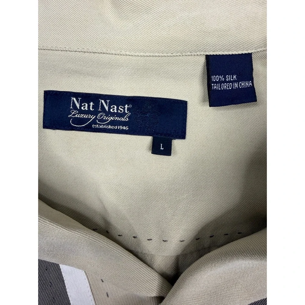 Nat Nast Luxury Originals 100% Silk Short Sleeve Bowling Shirt Tan Brown Mens L